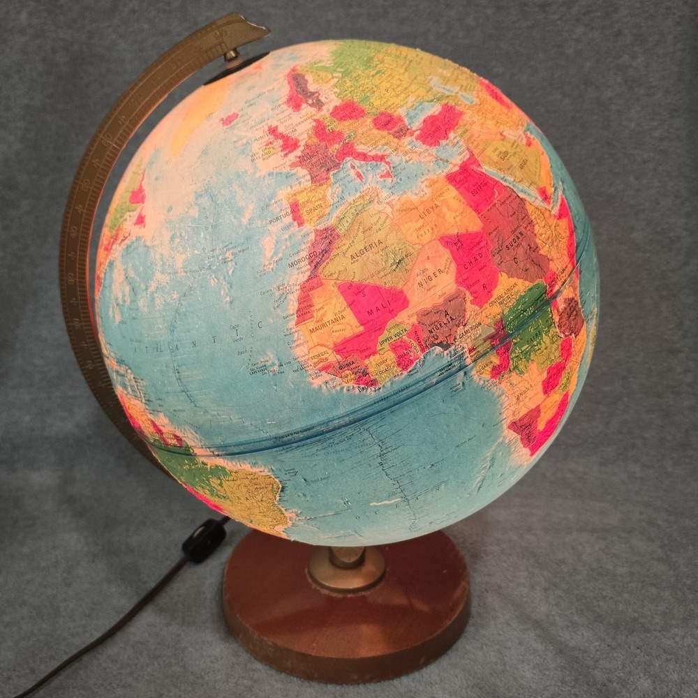 Vintage Replogle World Horizon Globe Lamp 12" Illuminated Wood Base Topographic